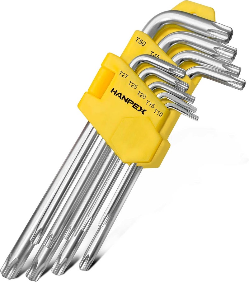 Hanpex Long Arm Torx Star Allen Wrench Set, Star Key Set T10-T50, Hex Key Set Chrome Vanadium Steel(Cr-V), Tamperproof TORX L- Key Set (9-Piece) - Image 1